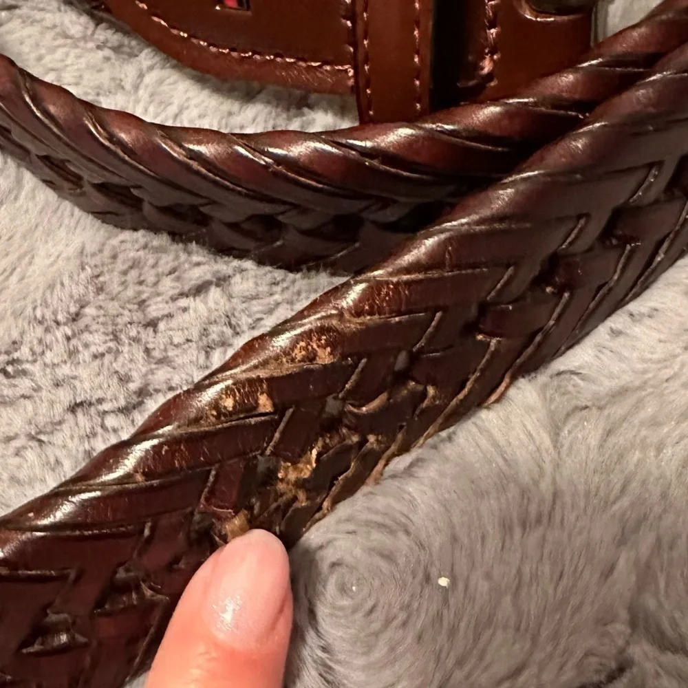 Tommy Hilfiger Logo Men's Leather Trim Braided Laced  Belt Brown 34 Brass Buckle